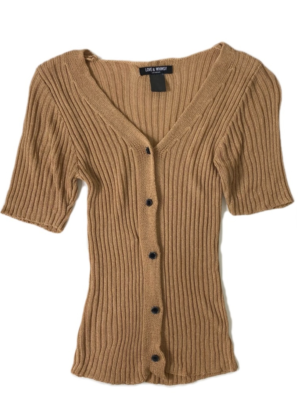 Women's Camel Ribbed Button-Front Sweater Brown Cardigan